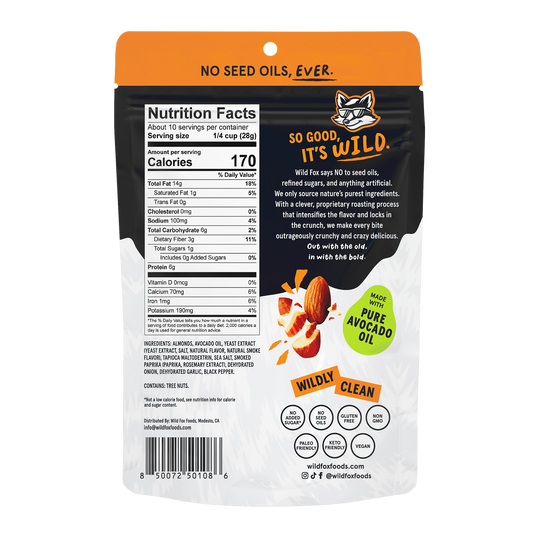 Back of Hickory Smoked Almonds packaging with nutritional information and branding details.