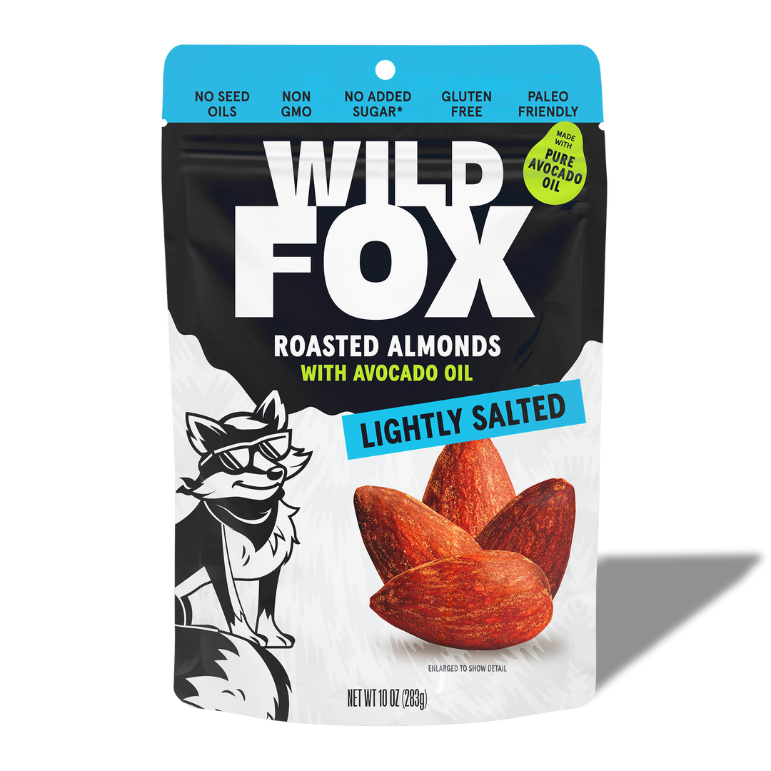 Packaging of Wild Fox Lightly Salted Roasted Almonds on a white background