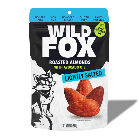 Packaging of Wild Fox Lightly Salted Roasted Almonds on a white background