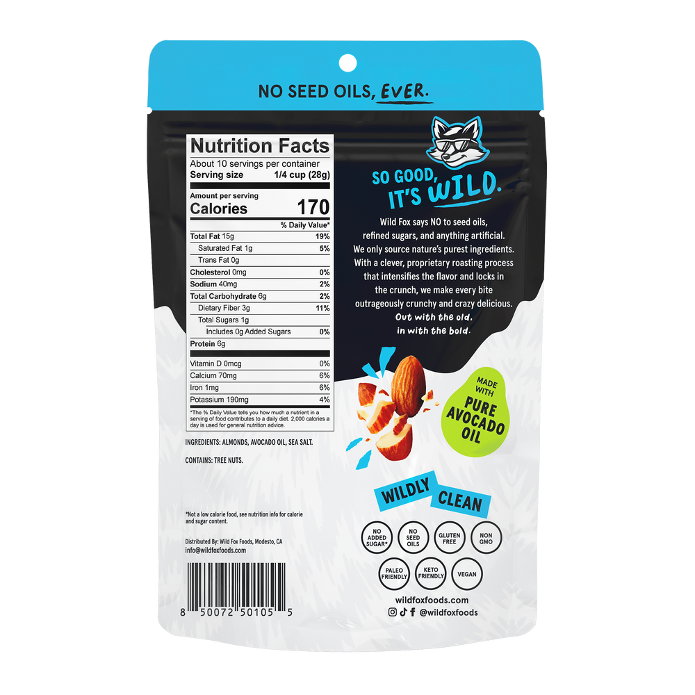 Back of Lightly Salted Almonds packaging with nutrition facts and branding details.