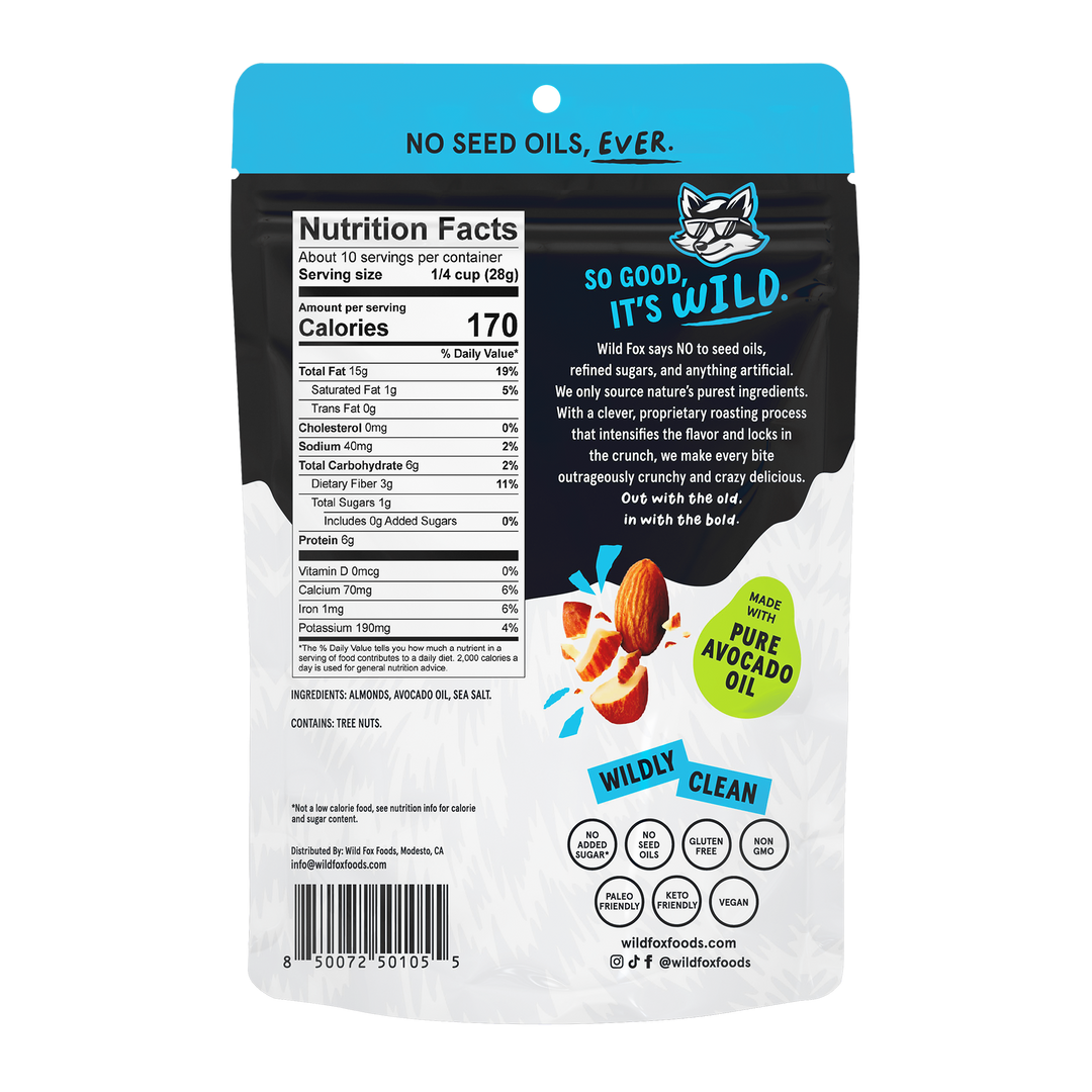 Back of Lightly Salted Almonds packaging with nutrition facts and branding details.