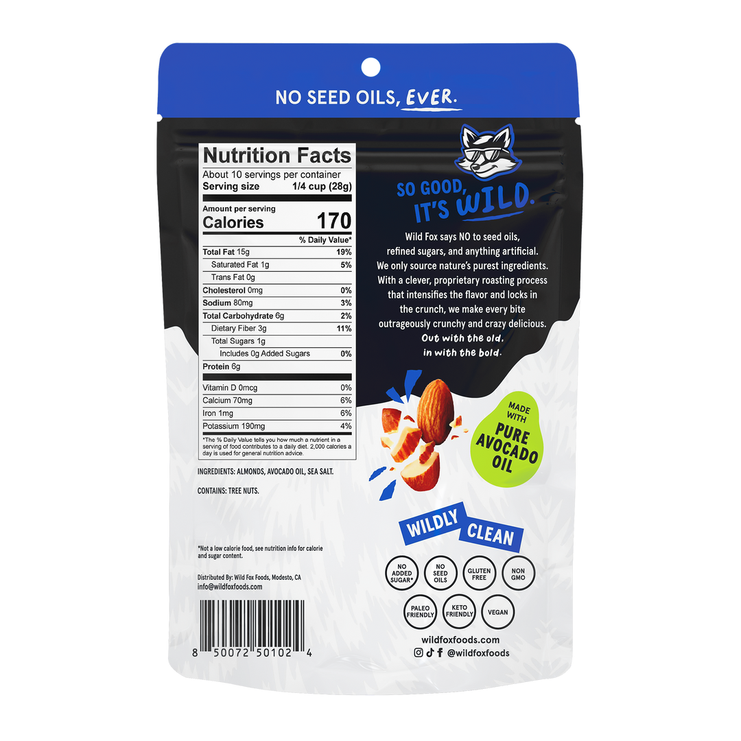 Back of Sea Salt Almonds packaging with nutritional information and branding details.