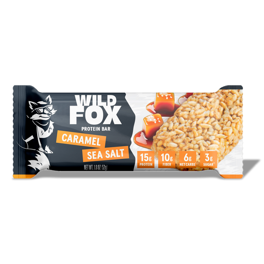Wild Fox Caramel Sea Salt protein bar packaging on a white background