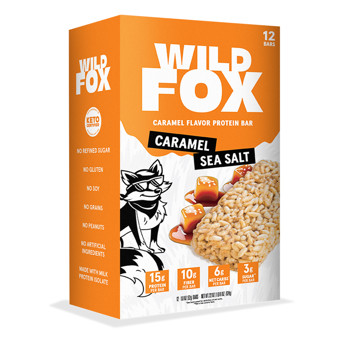 Box of Wild Fox Caramel Sea Salt protein bars on a white background