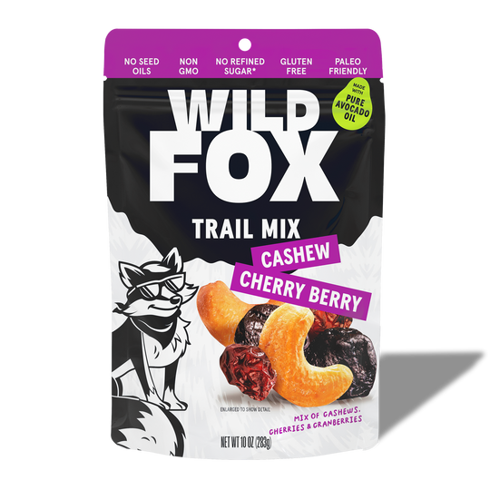 Wild Fox Trail Mix Cashew Cherry Berry packaging on a white background