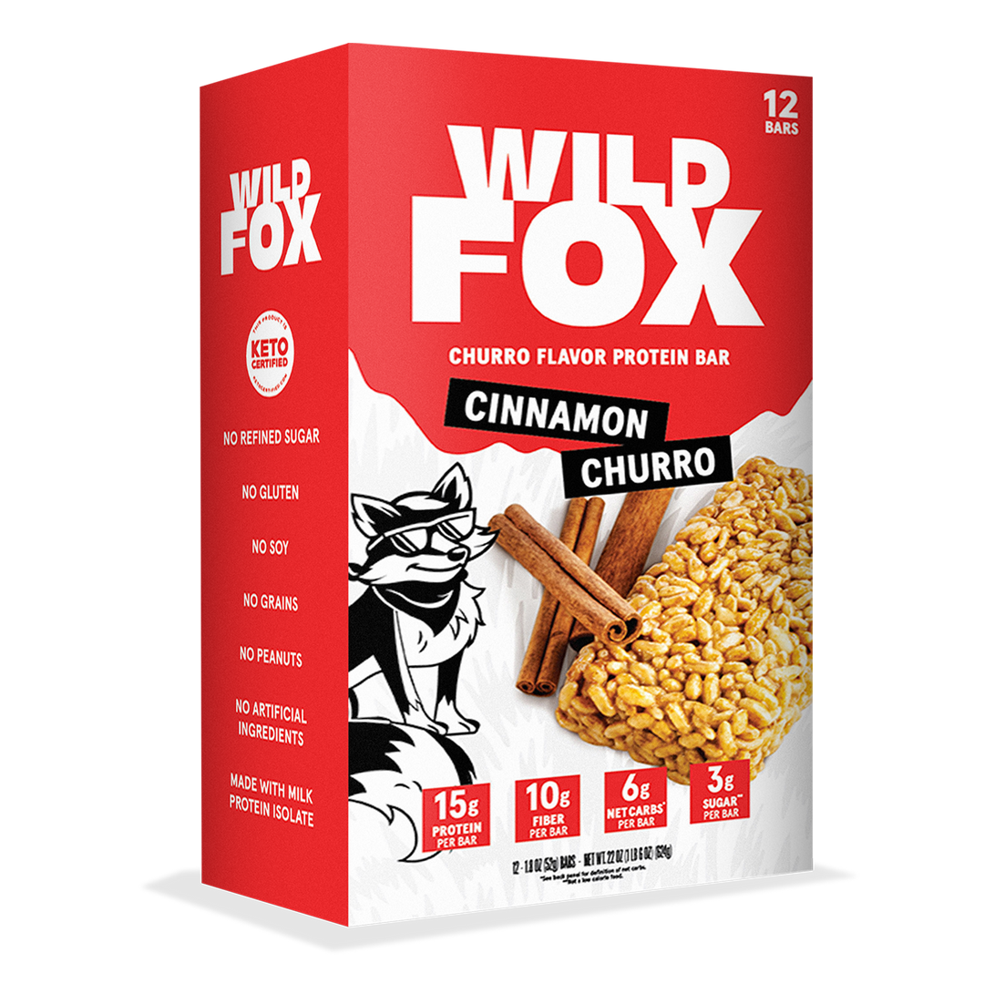 Box of Wild Fox Cinnamon Churro protein bars with red and white design.