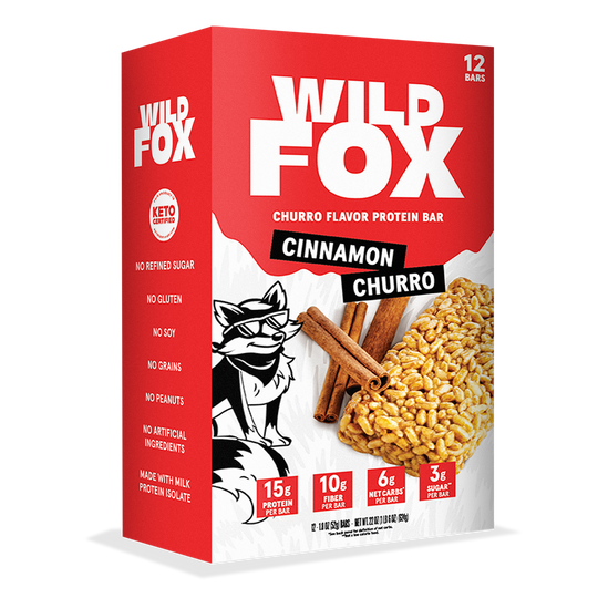 Box of Wild Fox Cinnamon Churro protein bars with red and white design.