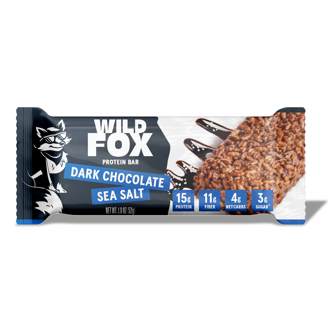 Wild Fox Dark Chocolate Sea Salt protein bar packaging on a white background