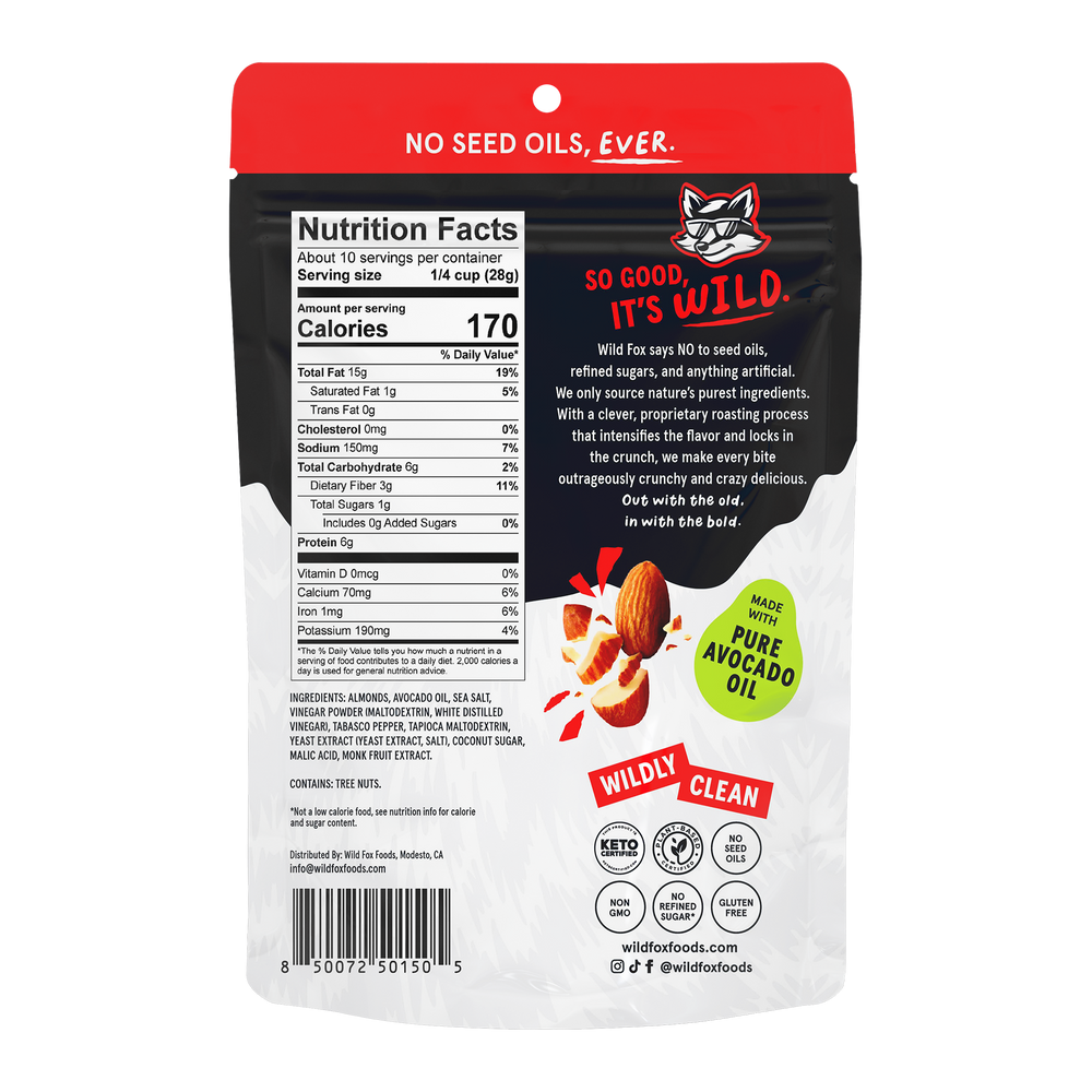 Back view of a Wild Fox Foods Chili Roasted Almonds packaging with nutritional information and branding details.
