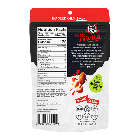 Back view of a Wild Fox Foods Chili Roasted Almonds packaging with nutritional information and branding details.