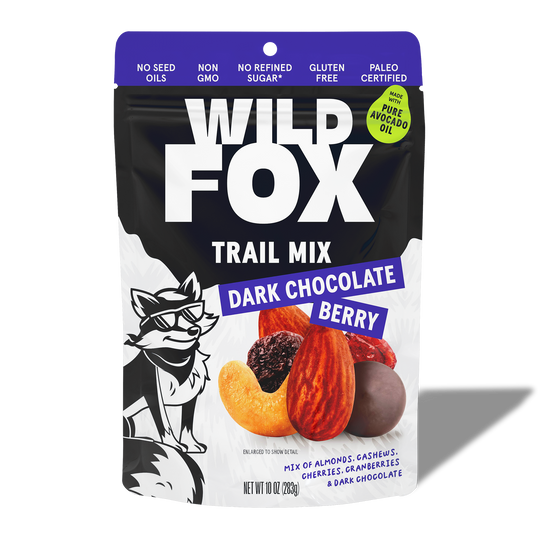 Wild Fox Dark Chocolate Berry Trail Mix packaging on a white background