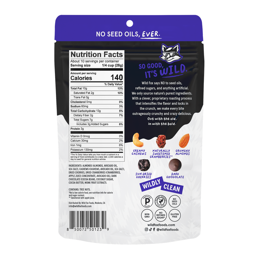 Back view of a Wild Fox Foods Dark Chocolate Cherry Trail Mix packaging with nutritional information and branding details.