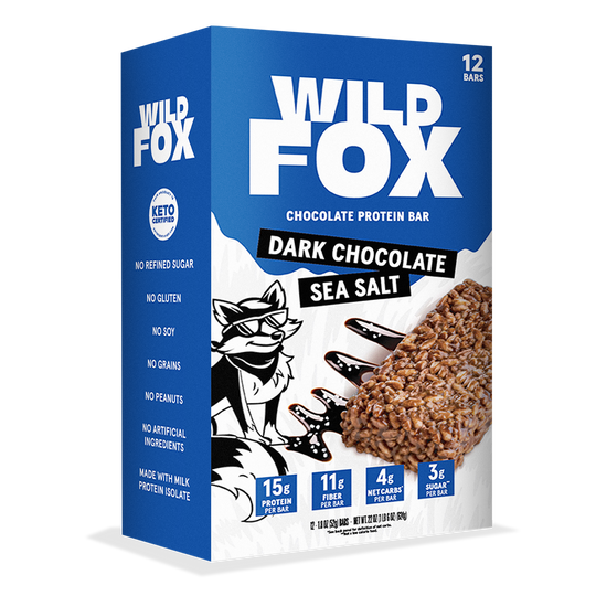 Box of Wild Fox Dark Chocolate Sea Salt protein bars with blue and white design.