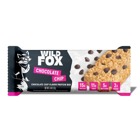 Wild Fox Chocolate Chip protein bar packaging on a white background