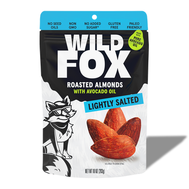 Packaging of Wild Fox Lightly Salted Roasted Almonds on a white background