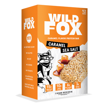 Box of Wild Fox Caramel Sea Salt protein bars on a white background