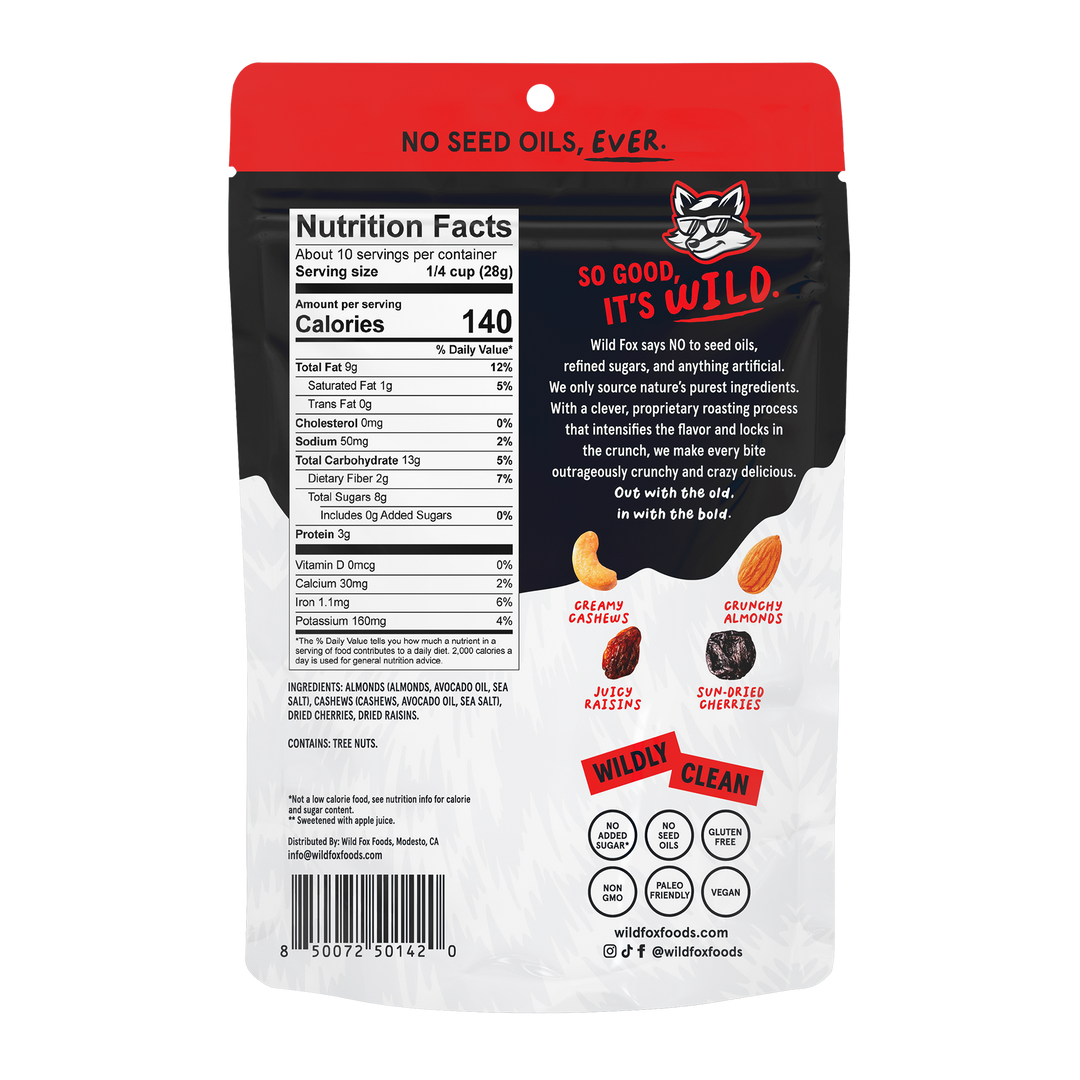 Back view of a Cherry Burst Trail Mix packaging with nutritional information and branding details.