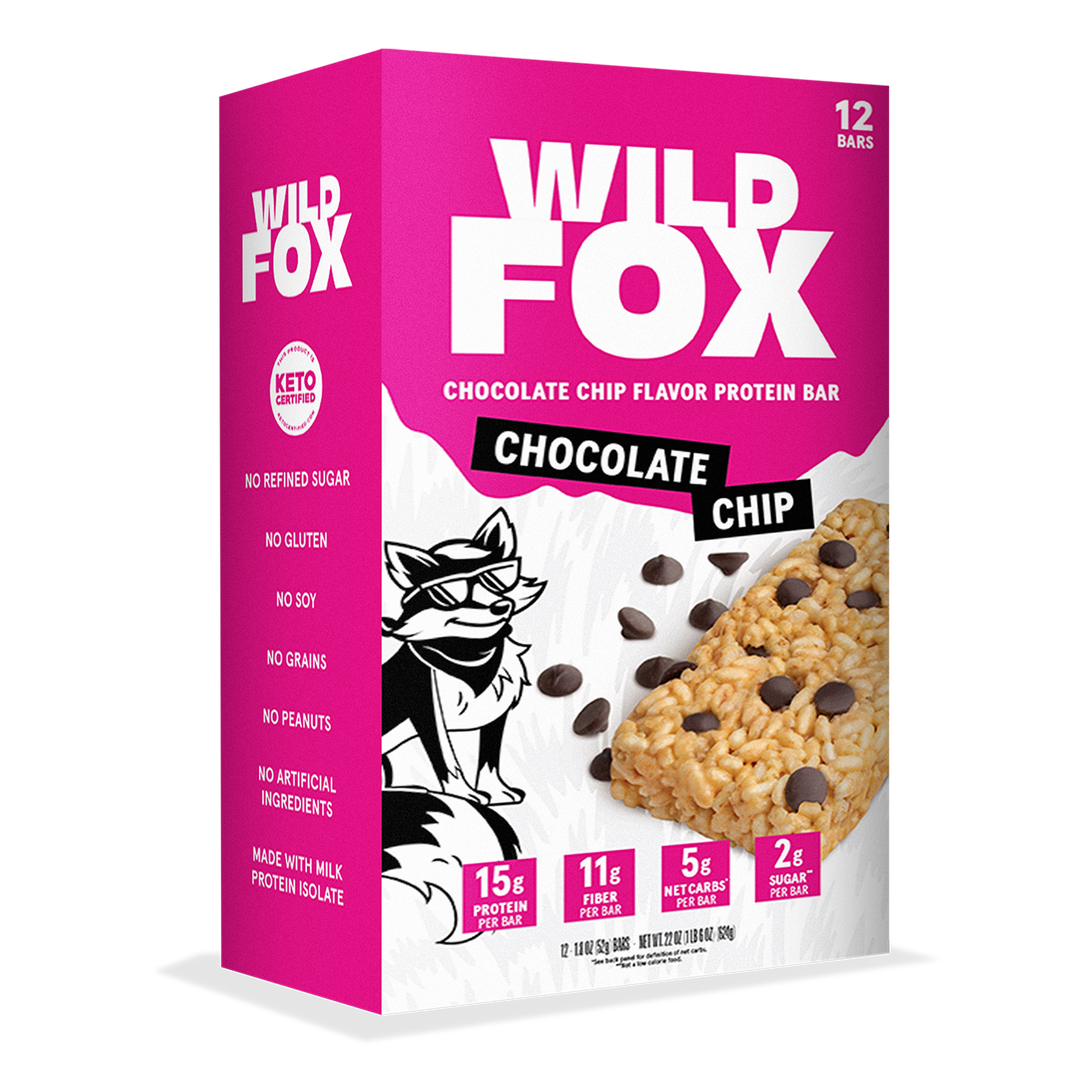Box of Wild Fox Chocolate Chip protein bars on a white background
