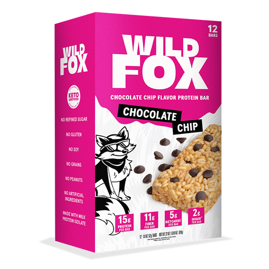 Box of Wild Fox Chocolate Chip protein bars on a white background