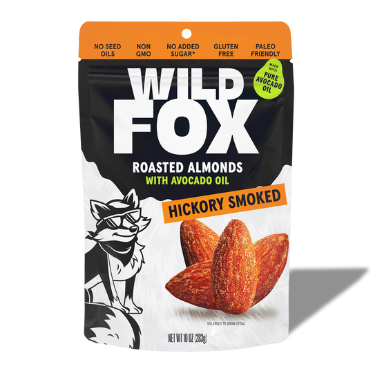 Package of Wild Fox Hickory Smoked Roasted Almonds on a white background