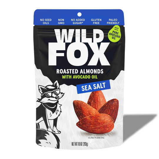 Packaging of Wild Fox Sea Salt Roasted Almonds on a white background
