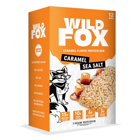 Box of Wild Fox Caramel Sea Salt protein bars on a white background