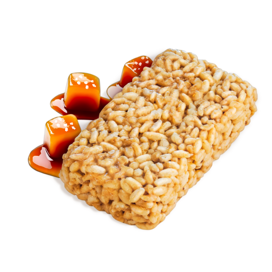 Wild Fox Foods Caramel Sea Salt Protein Bar with caramel pieces and sea salt on a white background