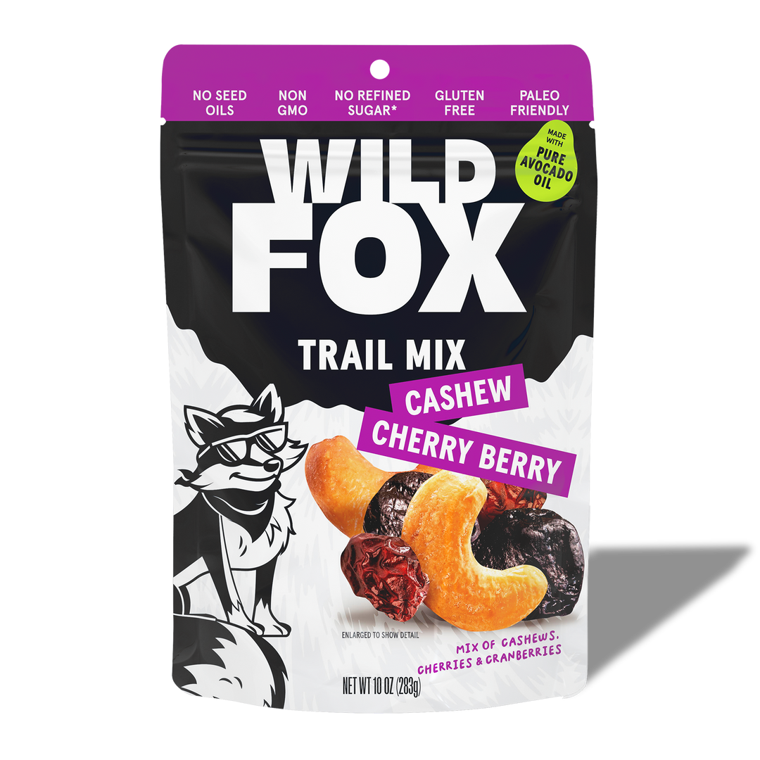 Wild Fox Trail Mix Cashew Cherry Berry packaging on a white background