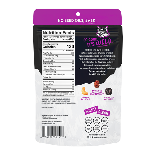 Back of Wild Fox Cashew Berry Cherry Trail Mix packaging with nutrition facts and branding details.