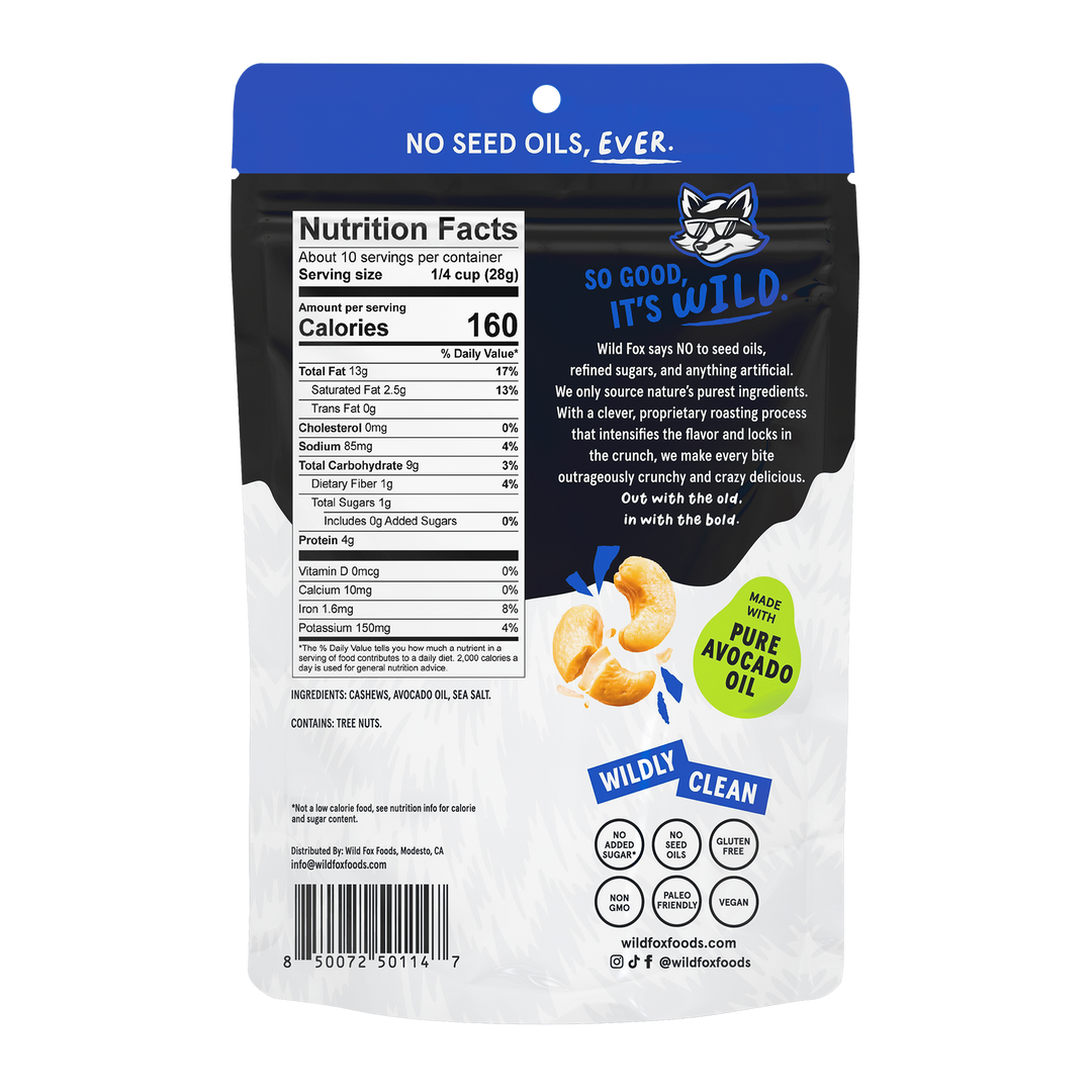 Back of Sea Salt Cashews packaging with nutritional information and branding details.