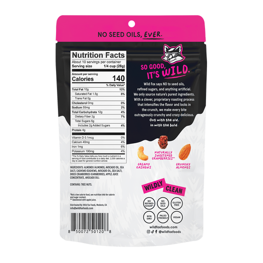 Back of Cranberry Crunch Trail Mix packaging with nutrition facts and branding details.