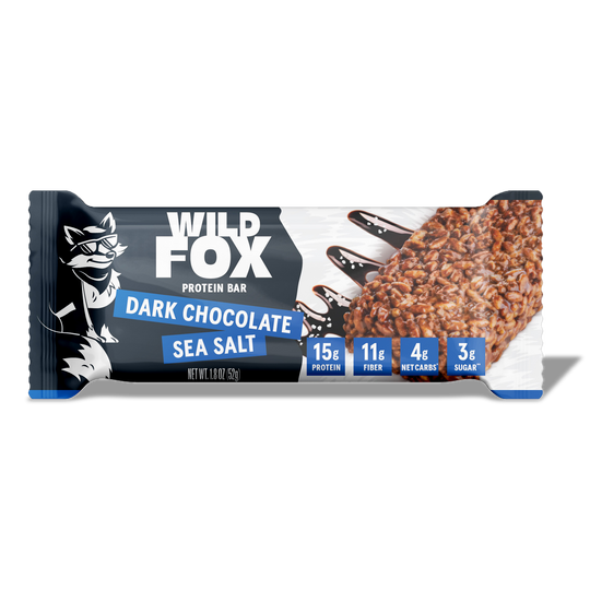 Wild Fox Dark Chocolate Sea Salt protein bar packaging on a white background