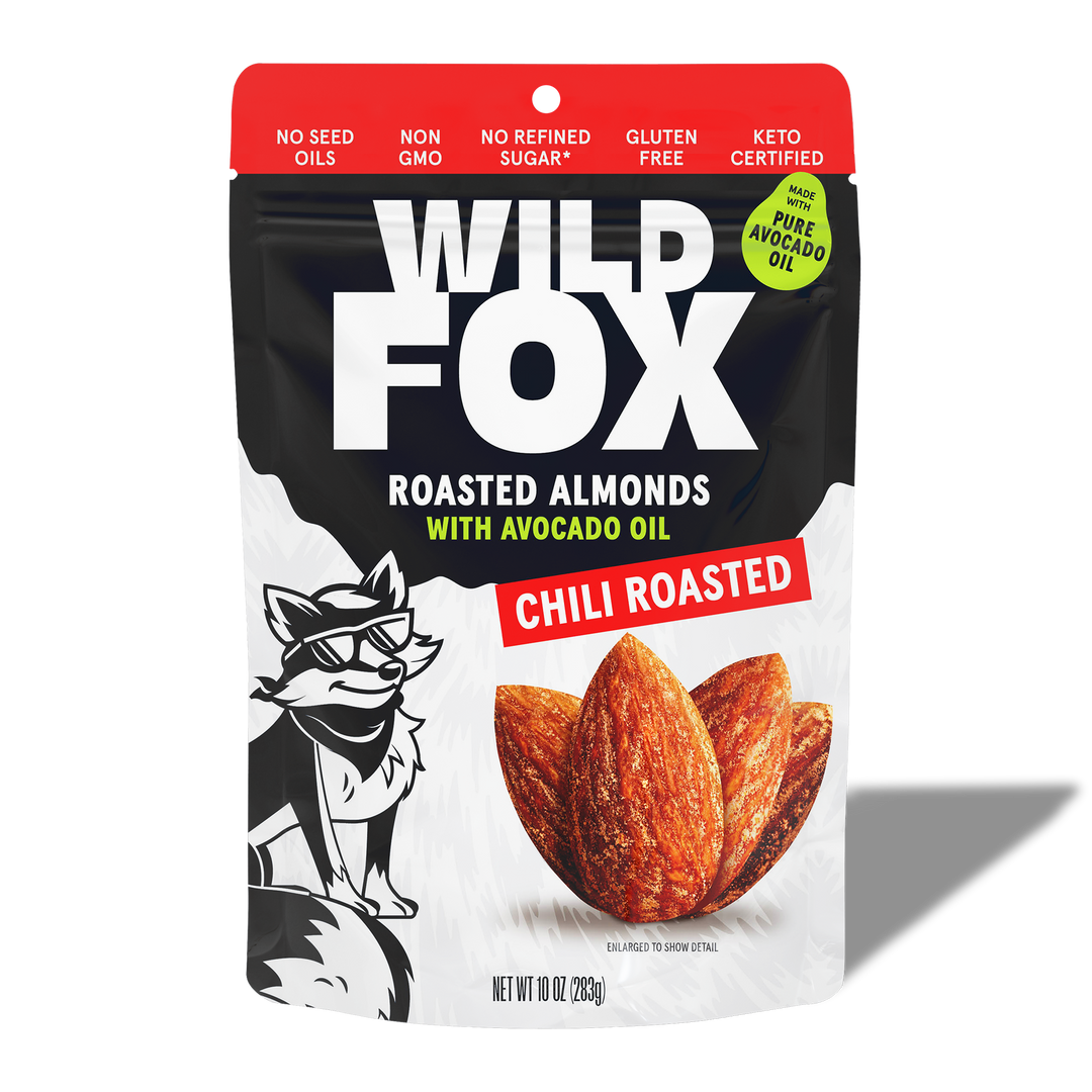 Wild Fox Roasted Almonds Chili Roasted packaging with avocado oil on a white background