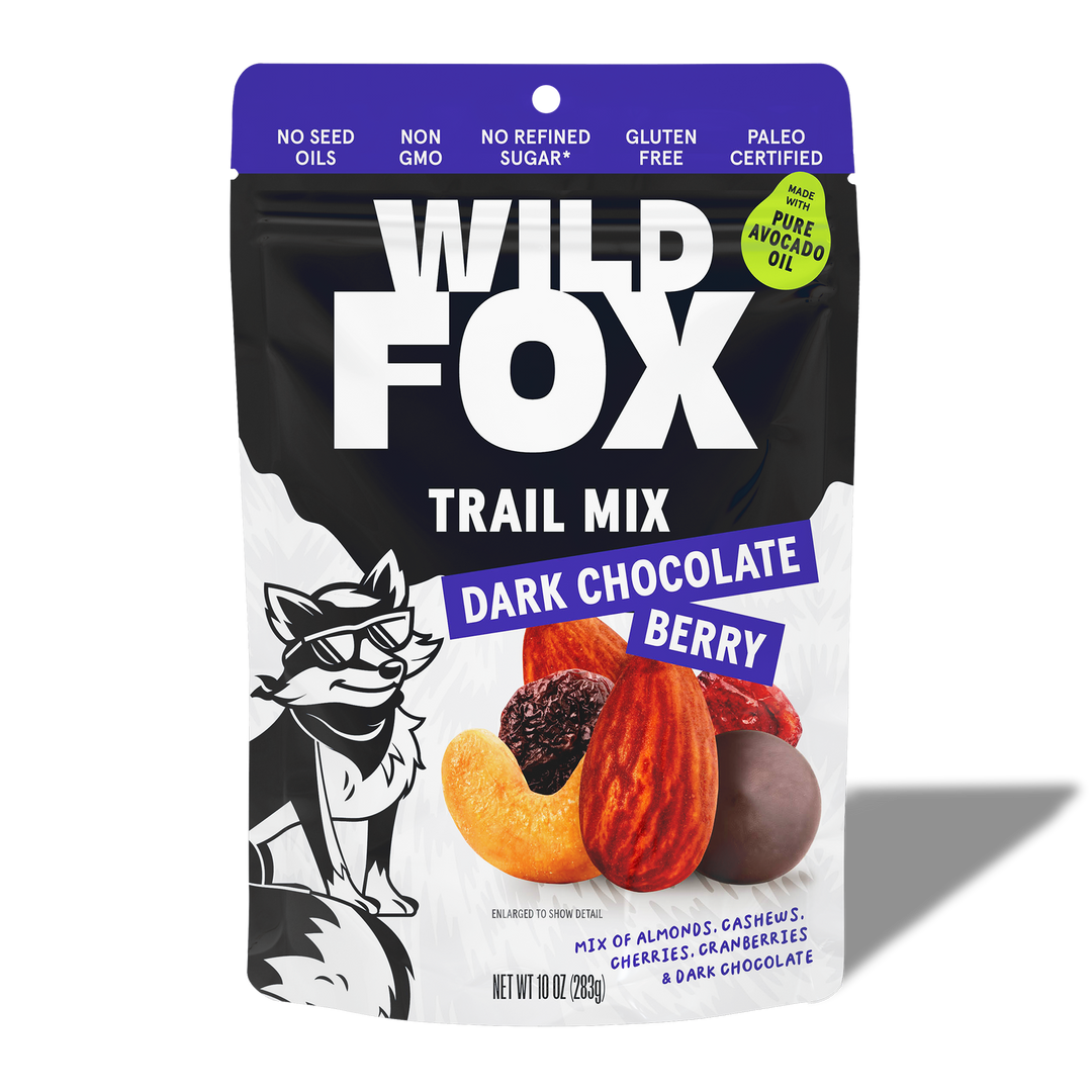 Wild Fox Dark Chocolate Berry Trail Mix packaging on a white background