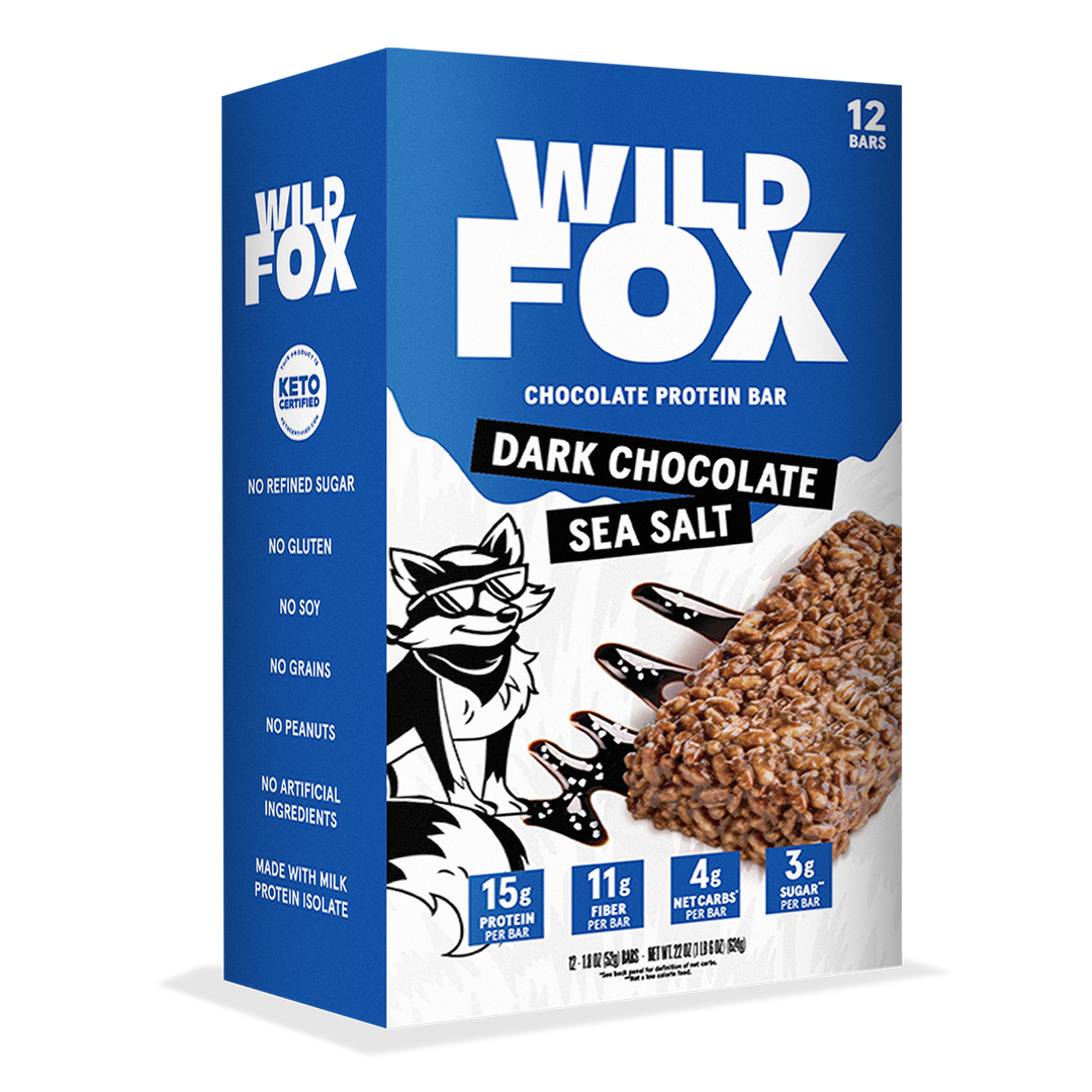 Box of Wild Fox Dark Chocolate Sea Salt protein bars with blue and white design.